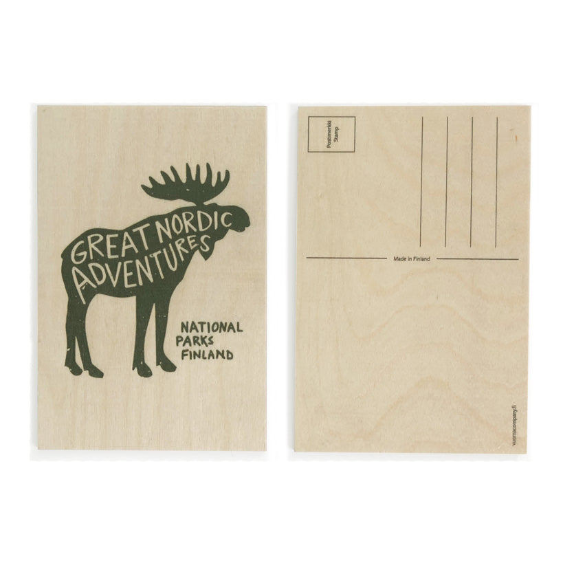 puinen vaneripostikortti jossa metsänvihreä national parks finland hirvipainatus edestä ja takaa